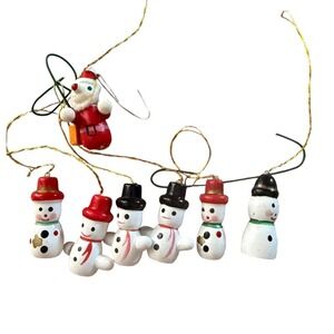 Vintage Miniature Wooden Christmas Ornaments Set 7pc Santa Snowmen Hand Painted